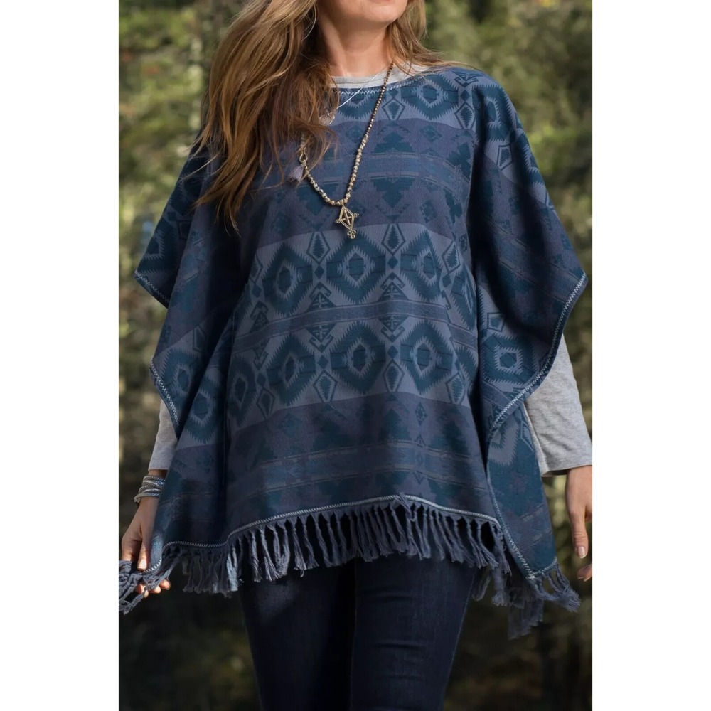 Ryan Michael Poncho Womens L/XL Lake Blue Southwestern Fringe Cowgirl Ethno Boho